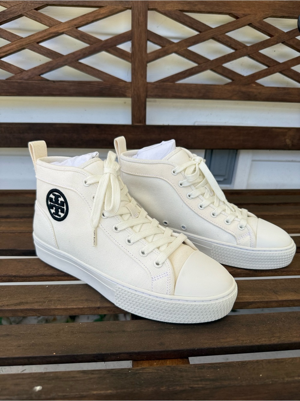 Tory Burch Off-White High-Top Canvas Sneakers with Black Logo